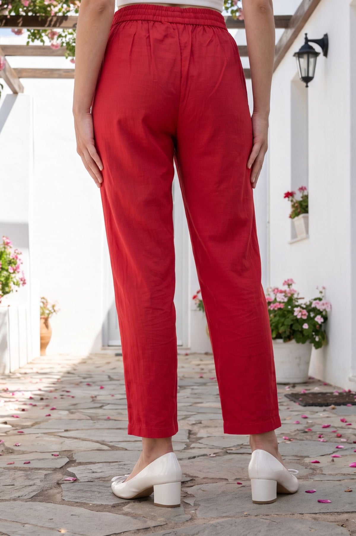 Red Solid Tape Faux Chanderi Straight Fit Ankle Length Mid Rise Pants