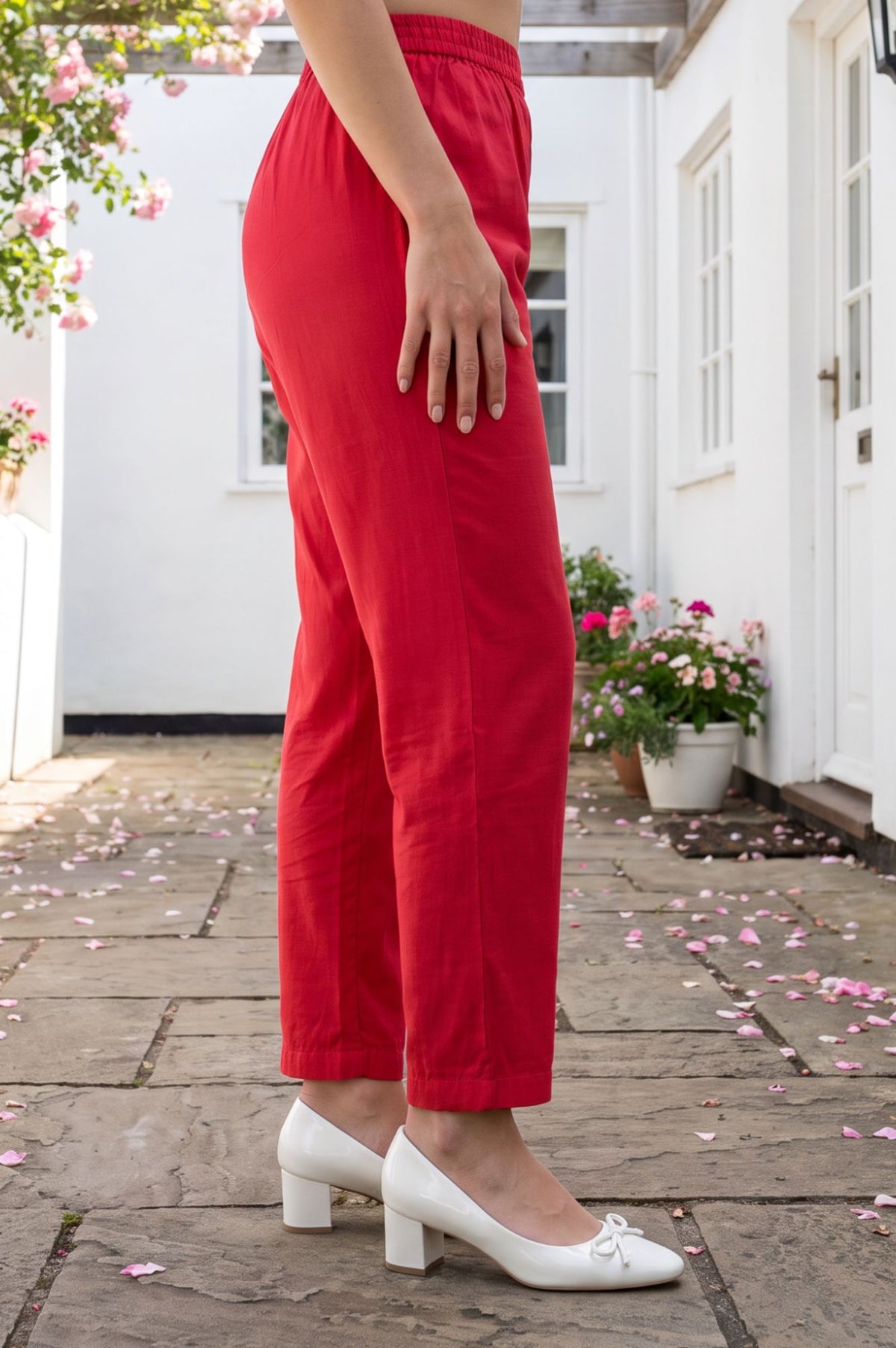 Red Solid Tape Faux Chanderi Straight Fit Ankle Length Mid Rise Pants