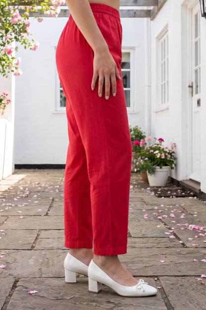 Red Solid Tape Faux Chanderi Straight Fit Ankle Length Mid Rise Pants