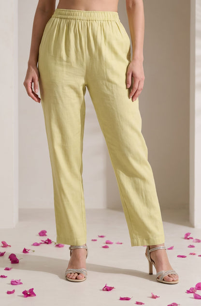 Yellow Solid Tape Faux Chanderi Straight Fit Pants Ankle Length Mid Rise