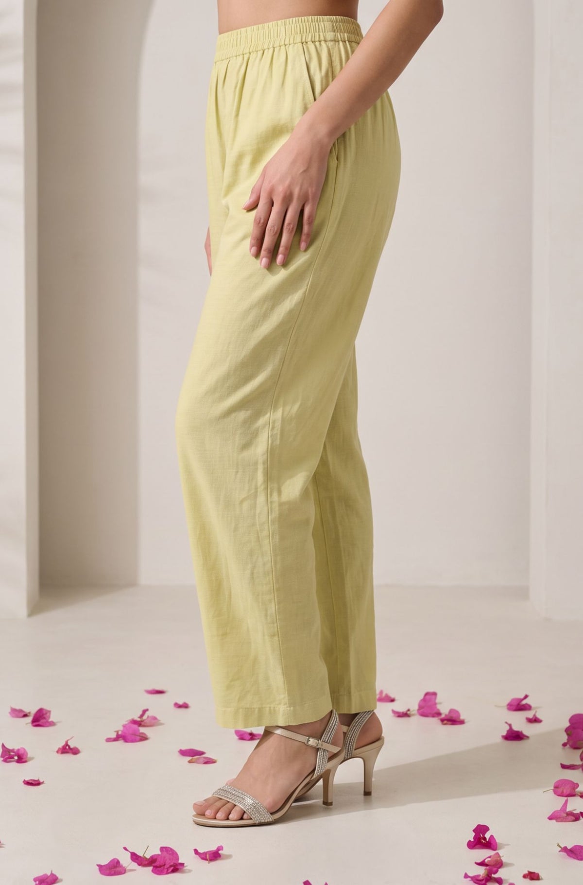 Yellow Solid Tape Faux Chanderi Straight Fit Pants Ankle Length Mid Rise