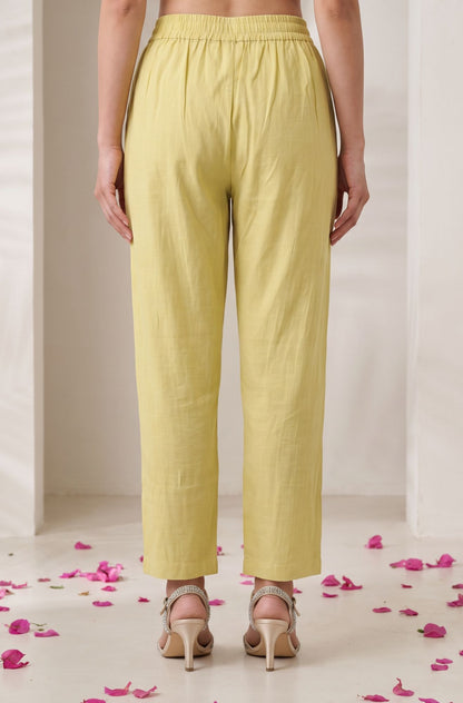 Yellow Solid Tape Faux Chanderi Straight Fit Pants Ankle Length Mid Rise
