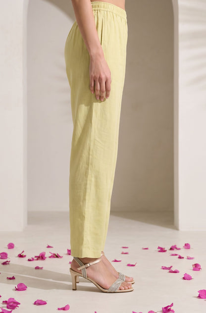 Yellow Solid Tape Faux Chanderi Straight Fit Pants Ankle Length Mid Rise