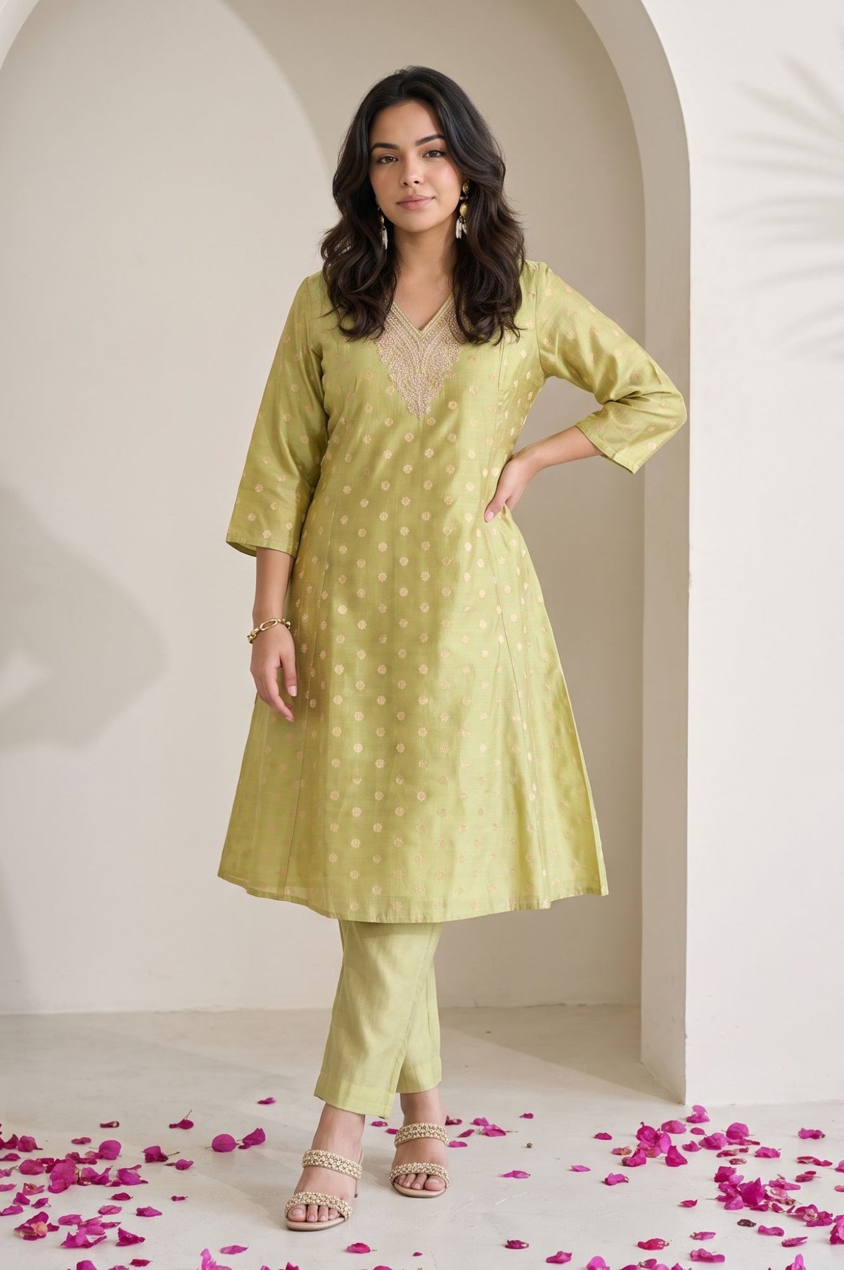 Yellow Solid Tape Faux Chanderi Straight Fit Pants Ankle Length Mid Rise