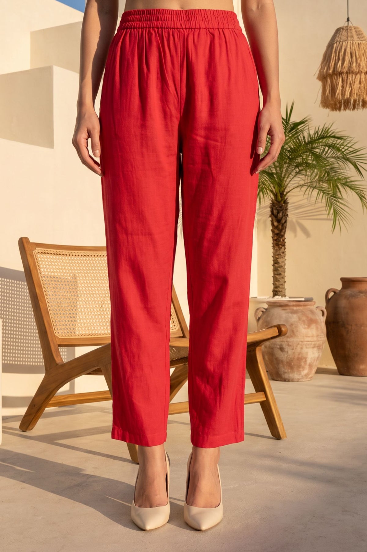 Red Thread Embroidered Faux Chanderi Straight Fit Ankle Length Mid Rise Pants