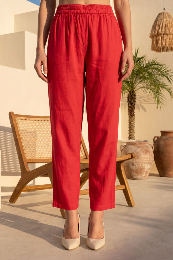 Red Thread Embroidered Faux Chanderi Straight Fit Ankle Length Mid Rise Pants
