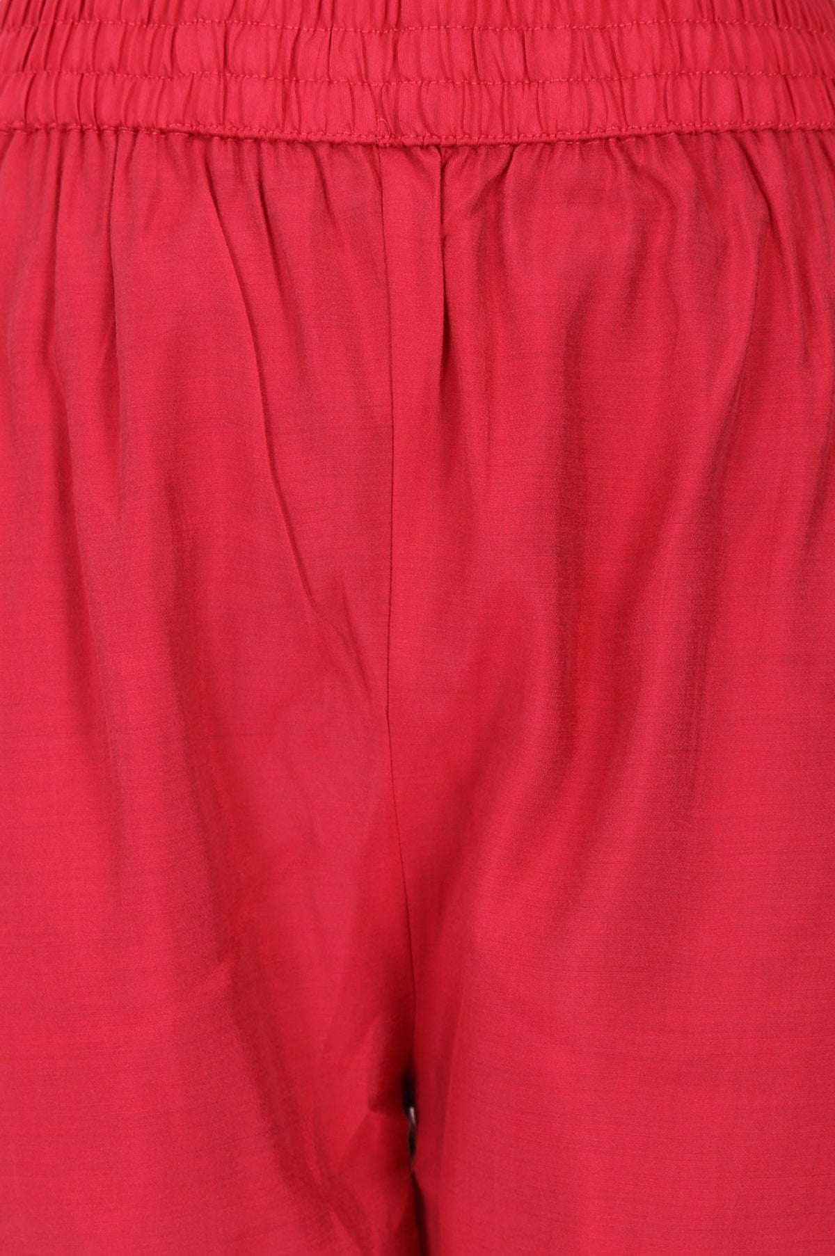 Red Thread Embroidered Faux Chanderi Straight Fit Ankle Length Mid Rise Pants