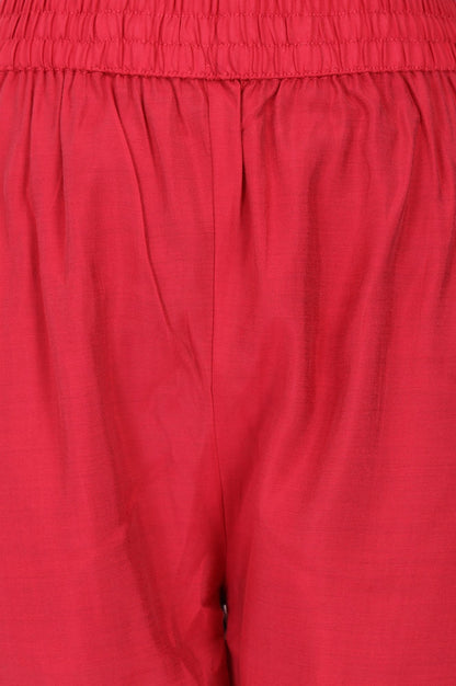 Red Thread Embroidered Faux Chanderi Straight Fit Ankle Length Mid Rise Pants