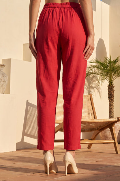 Red Thread Embroidered Faux Chanderi Straight Fit Ankle Length Mid Rise Pants