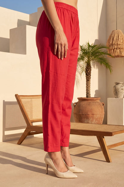 Red Thread Embroidered Faux Chanderi Straight Fit Ankle Length Mid Rise Pants