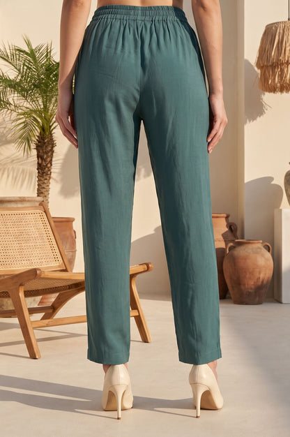 Teal Solid Tape Straight Fit Ankle Length Mid Rise Pants