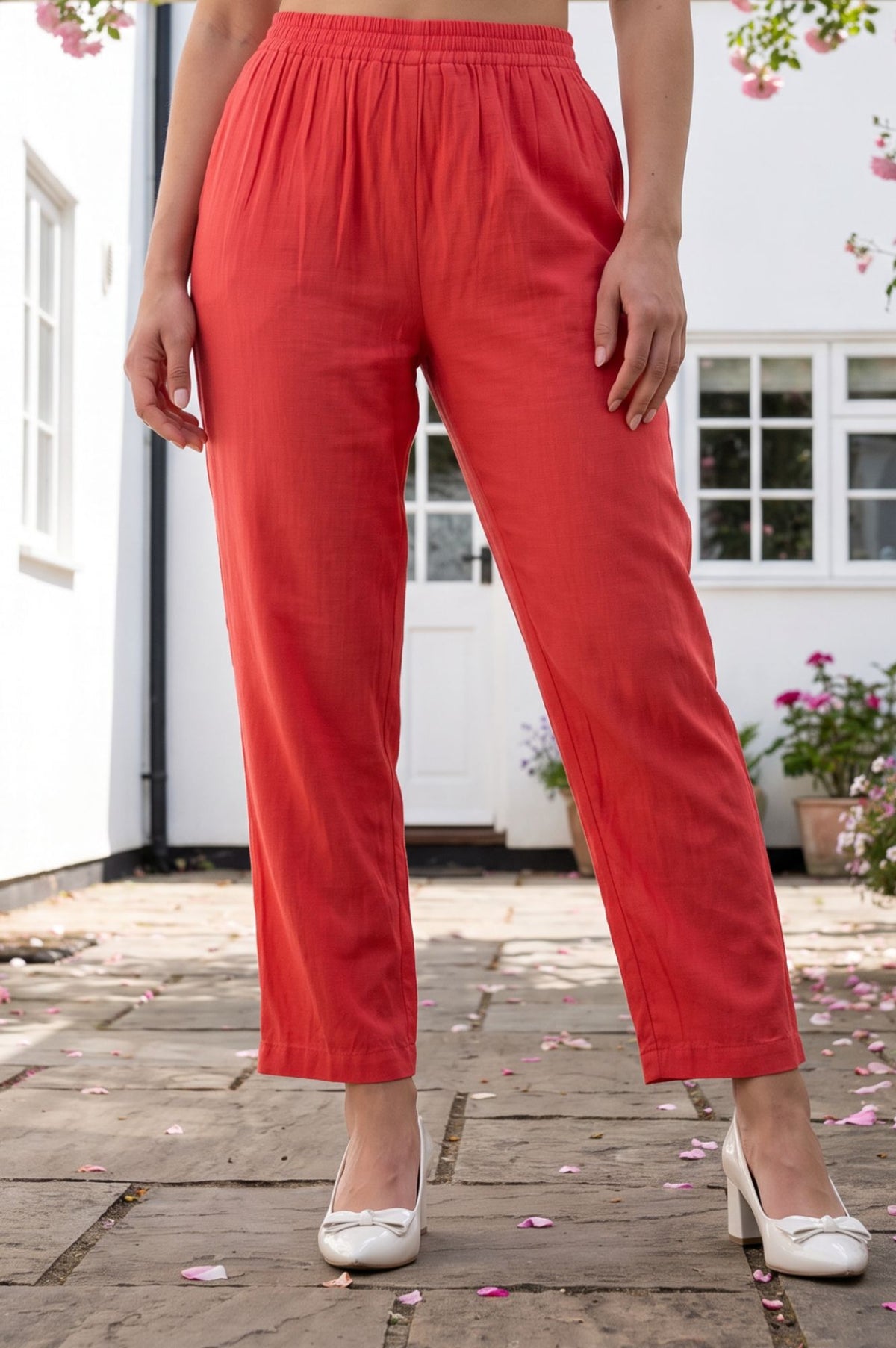 Coral Thread Embroidered Faux Chanderi Straight Fit Ankle Length Mid Rise Pants