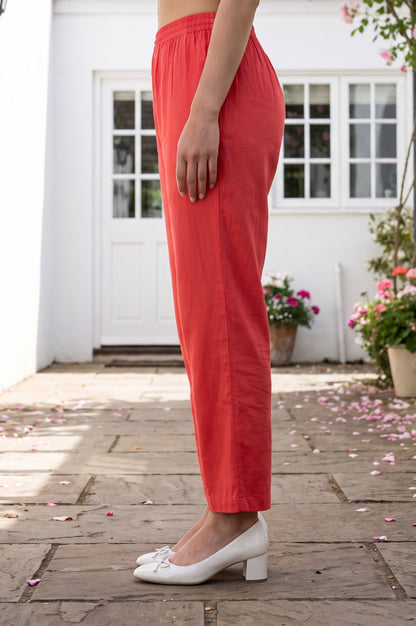Coral Thread Embroidered Faux Chanderi Straight Fit Ankle Length Mid Rise Pants