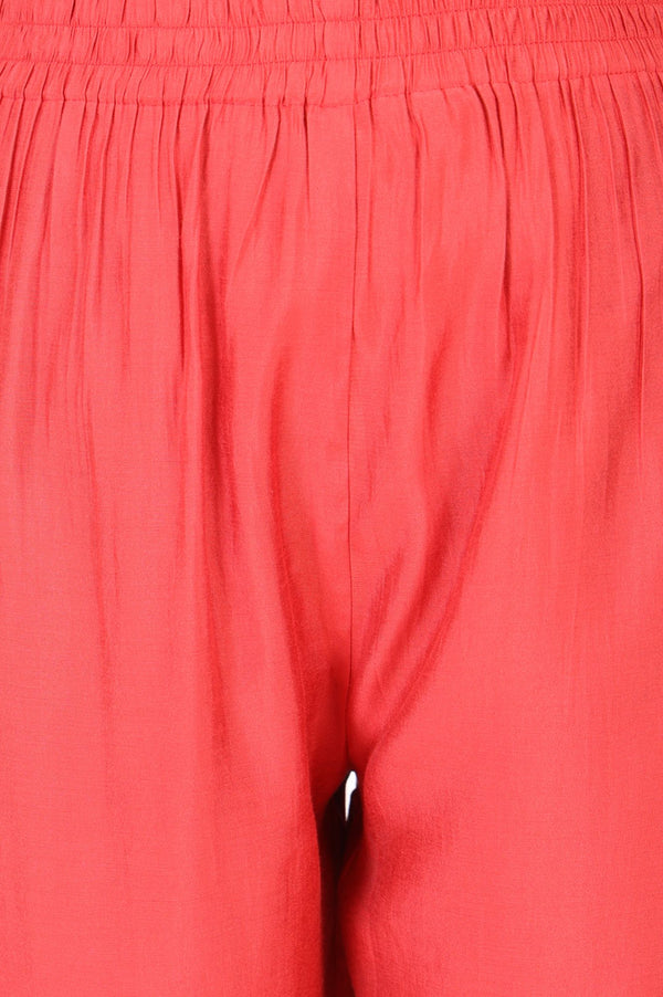 Coral Thread Embroidered Faux Chanderi Straight Fit Ankle Length Mid Rise Pants
