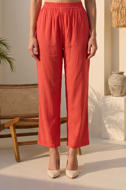Coral Solid Tape Straight Fit Crop Mid Rise Pants