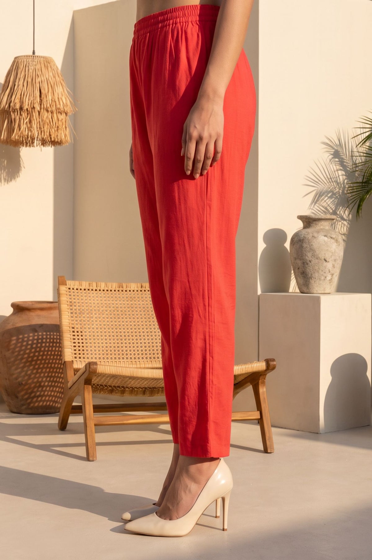 Coral Solid Tape Straight Fit Crop Mid Rise Pants