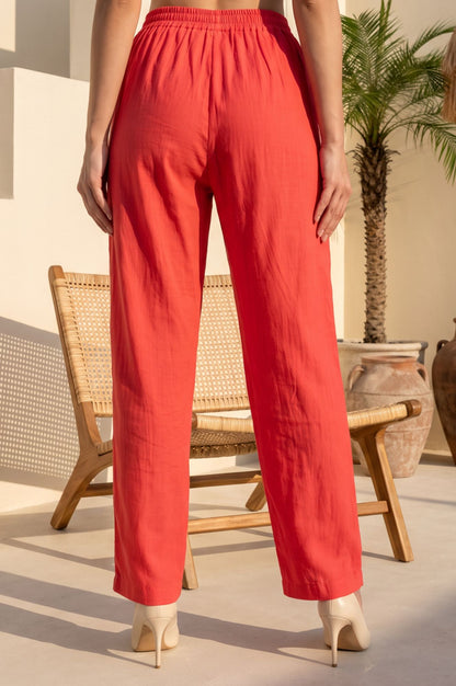 Coral Solid Tape Straight Fit Crop Mid Rise Pants