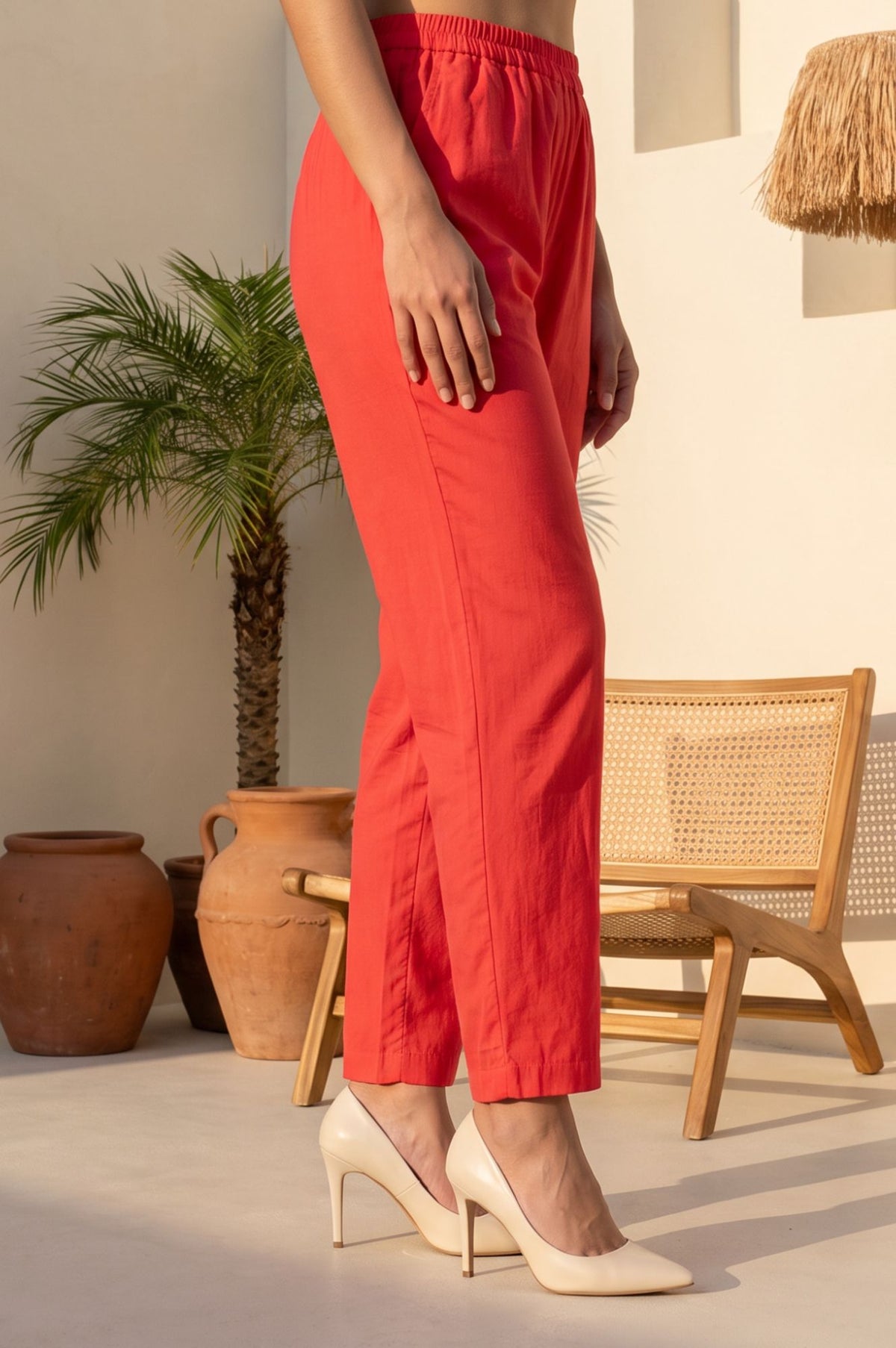 Coral Solid Tape Straight Fit Crop Mid Rise Pants