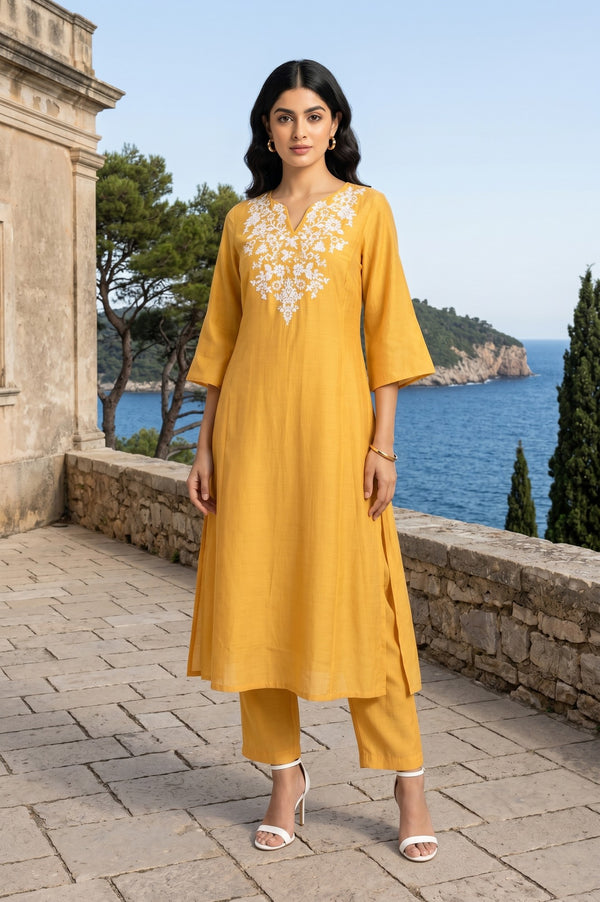 Mustard Straight Fit Ankle Length Pants