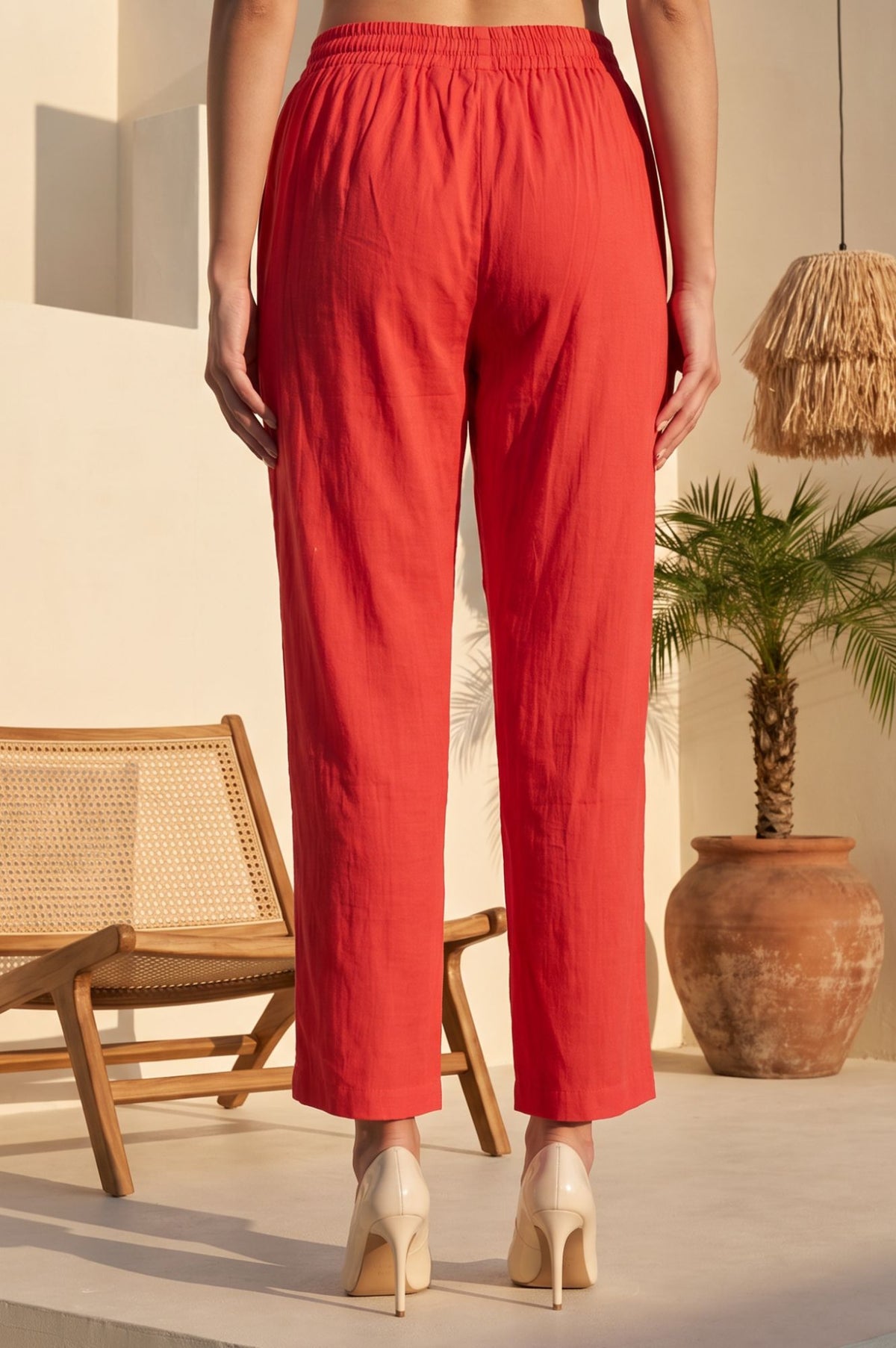 Red Solid Buttons Straight Fit Ankle Length Mid Rise Pants