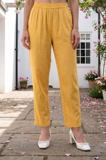 Mustard Solid Buttons Faux Chanderi Straight Fit Pants Ankle Length Mid Rise