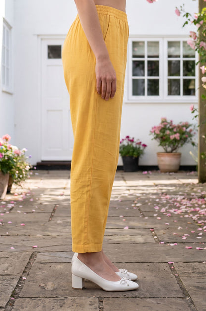 Mustard Solid Buttons Faux Chanderi Straight Fit Pants Ankle Length Mid Rise