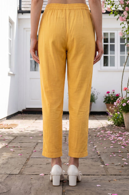 Mustard Solid Buttons Faux Chanderi Straight Fit Pants Ankle Length Mid Rise