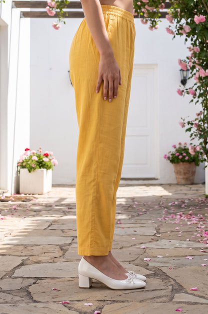 Mustard Solid Buttons Faux Chanderi Straight Fit Pants Ankle Length Mid Rise