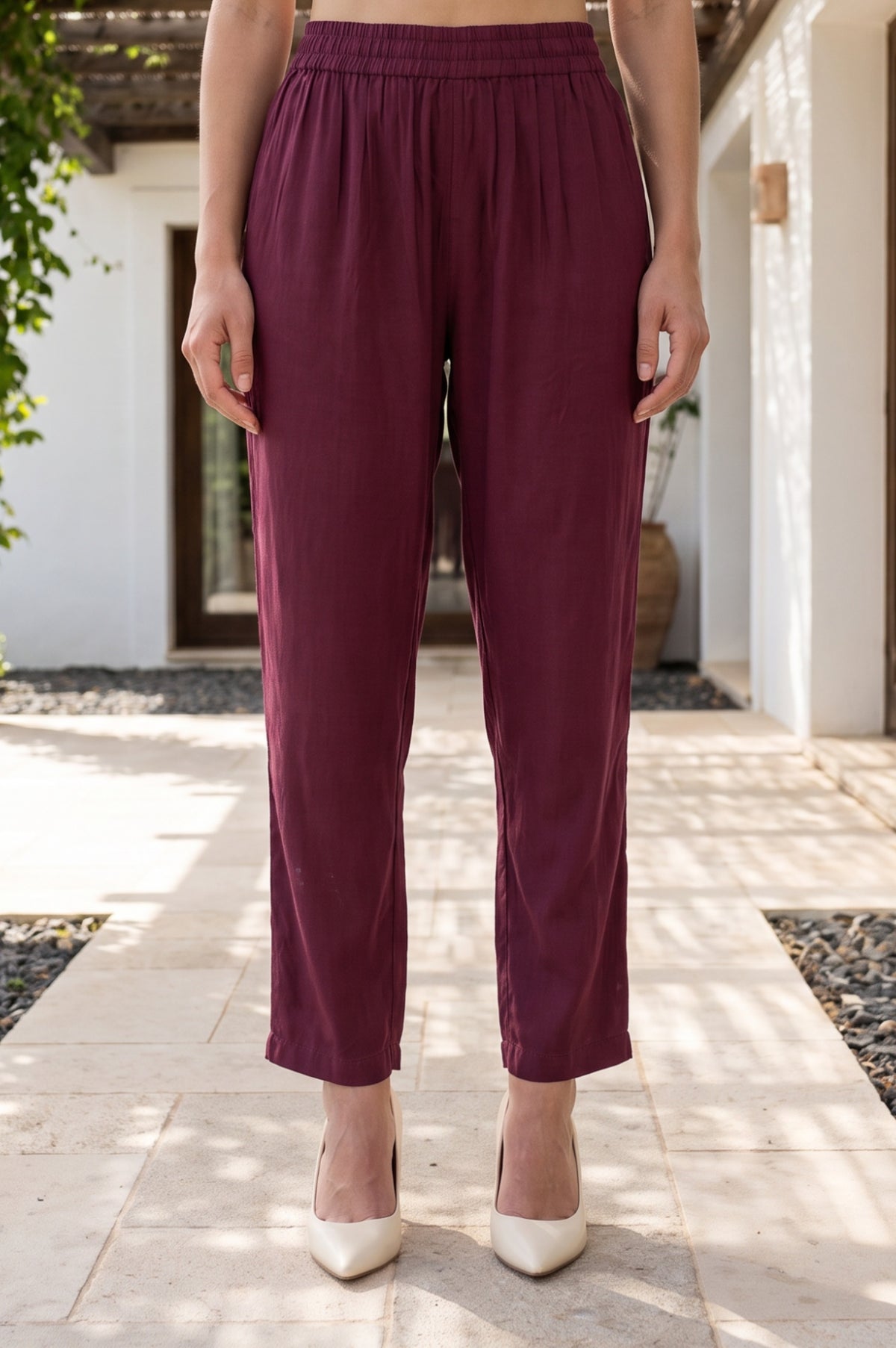 Solid Faux Chanderi Straight Fit Crop Mid Rise Pants