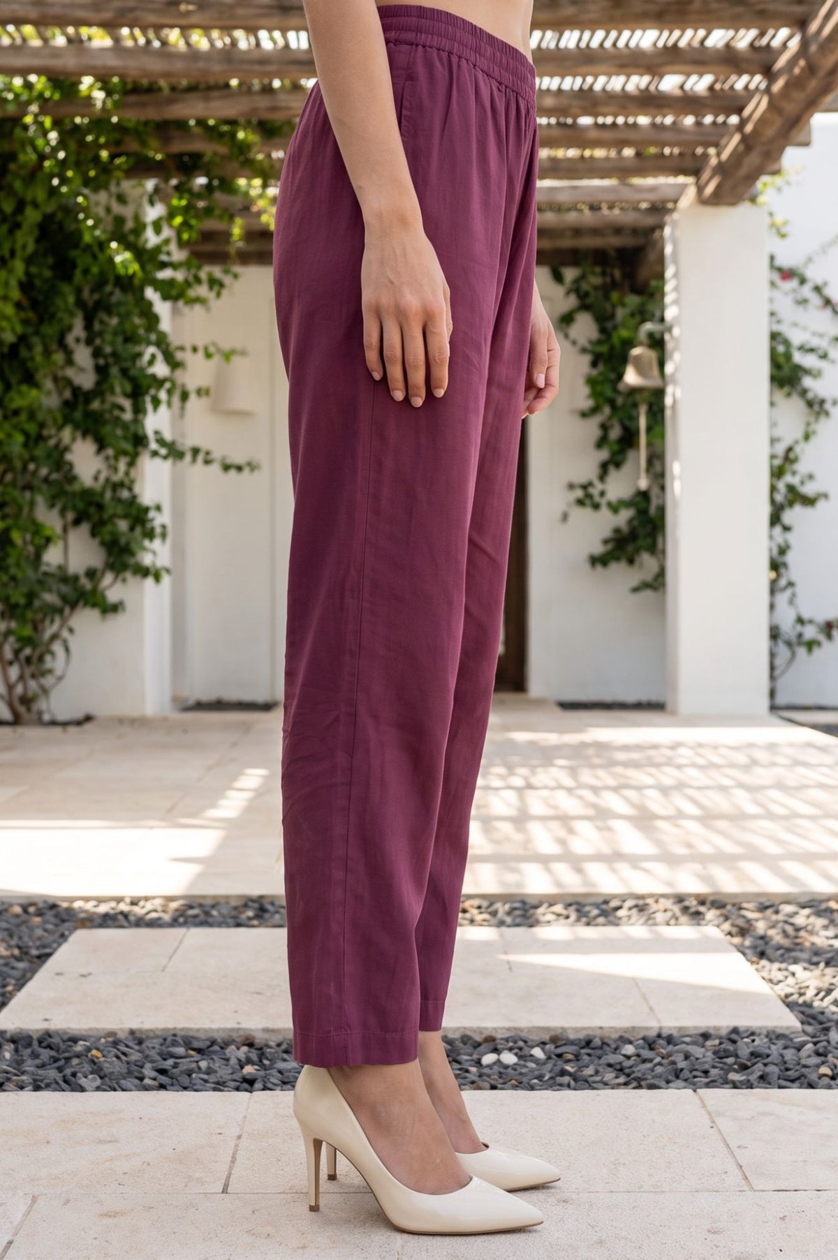Wine Solid Faux Chanderi Straight Fit Ankle Length Pants