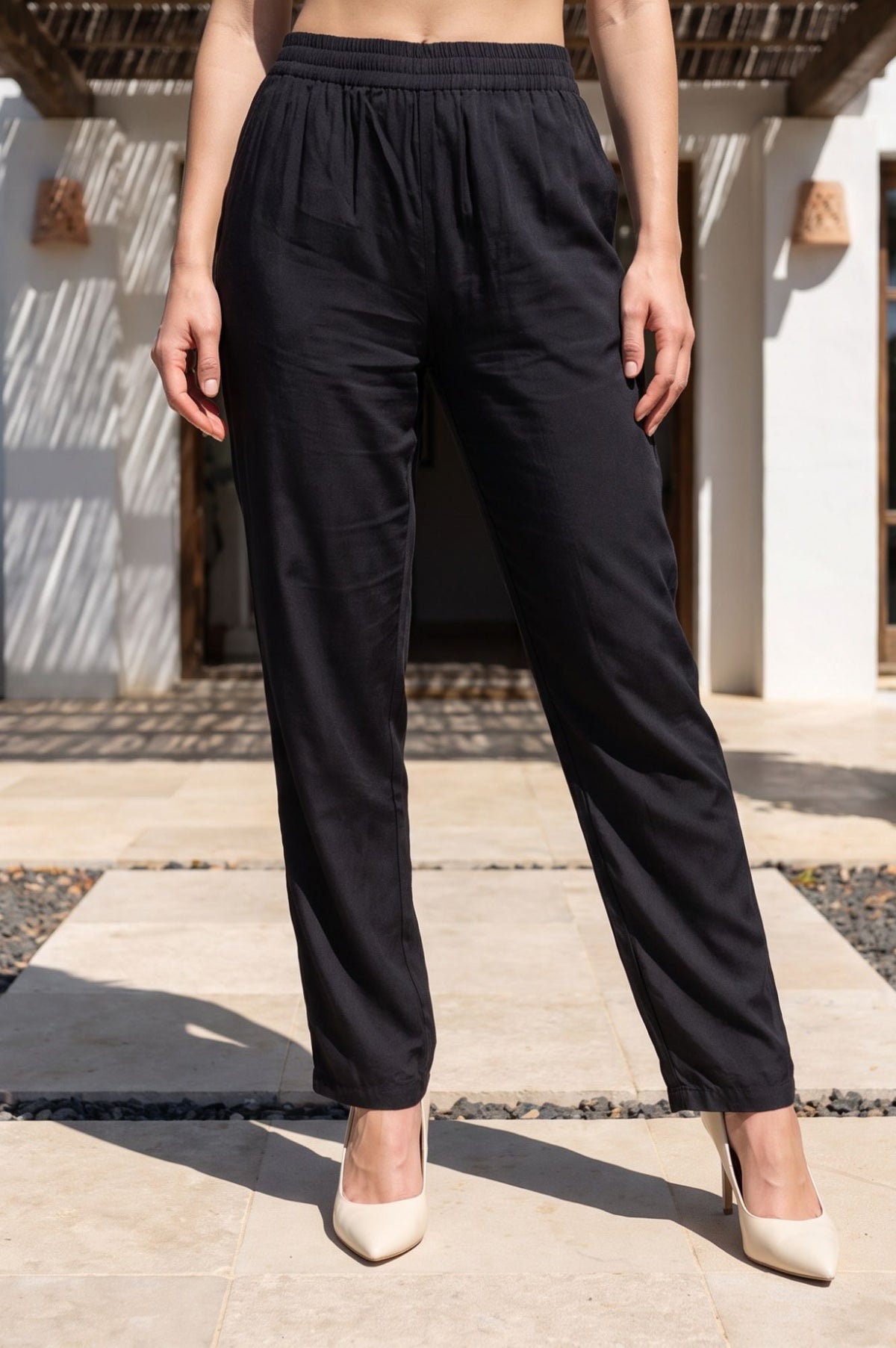 Black Solid Faux Chanderi Straight Fit Ankle Length Pants