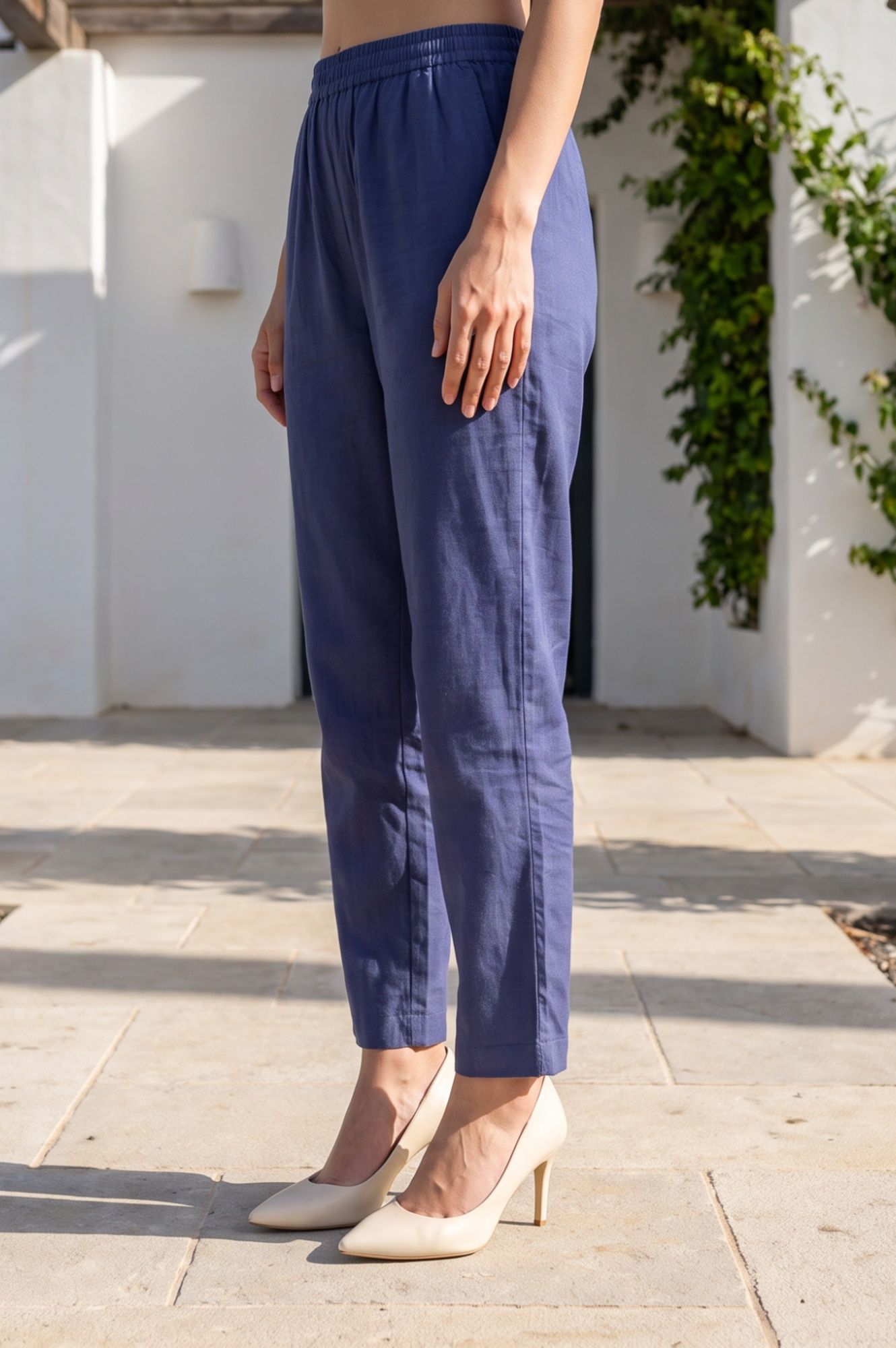Blue Solid Faux Chanderi Straight Pants