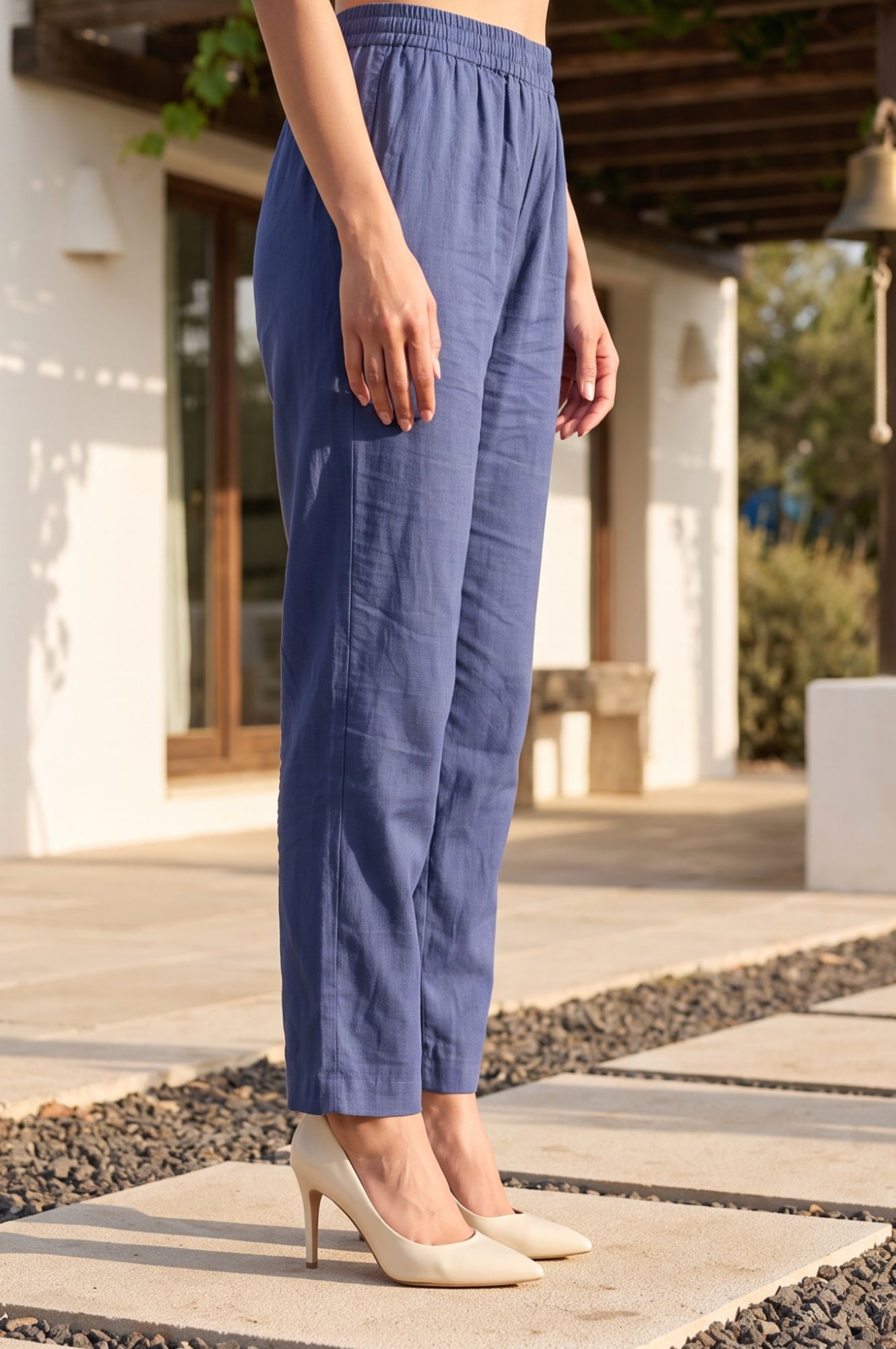 Blue Solid Faux Chanderi Straight Pants