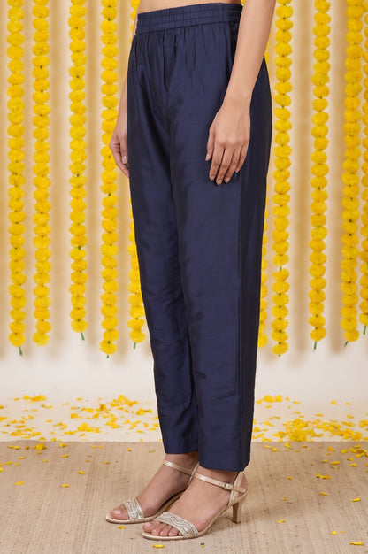 Navy Blue Solid Straight Ankle Length Pants