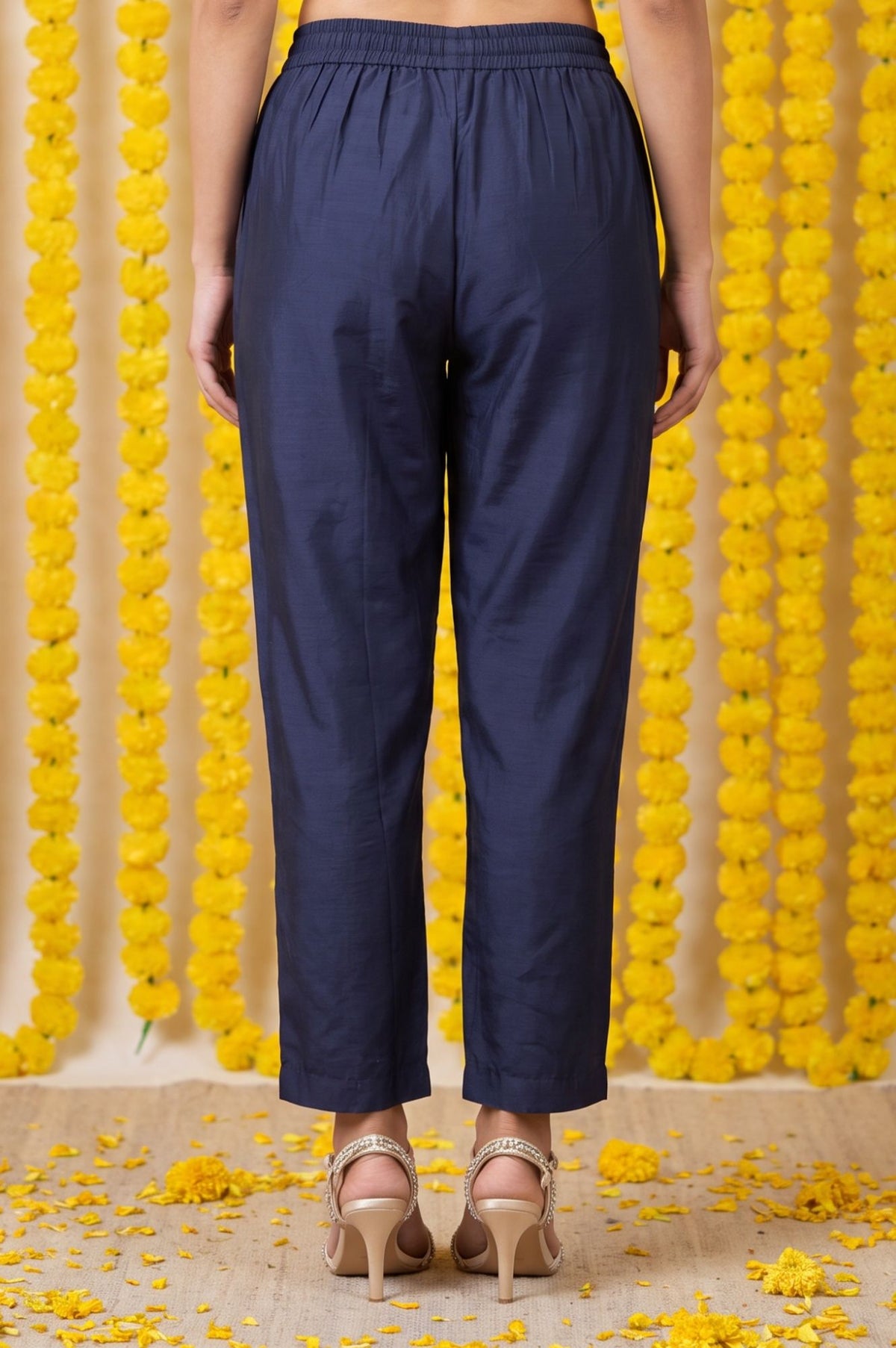 Navy Blue Solid Straight Ankle Length Pants