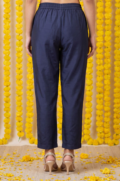 Navy Blue Solid Straight Ankle Length Pants