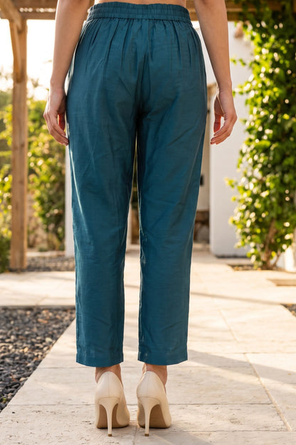 Teal Solid Ankle Length Pants