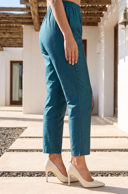 Teal Solid Ankle Length Pants