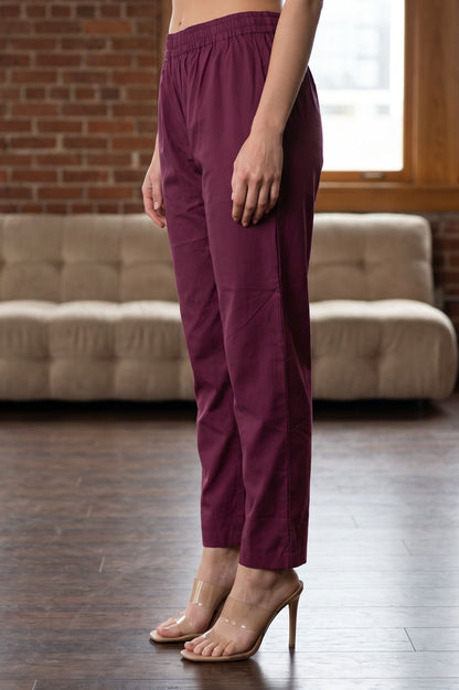 Purple Solid Pure Cotton Straight Fit Ankle Length Straight Pants