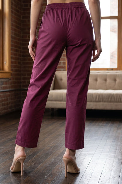 Purple Solid Pure Cotton Straight Fit Ankle Length Straight Pants