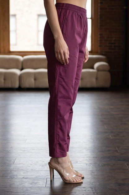Purple Solid Pure Cotton Straight Fit Ankle Length Straight Pants
