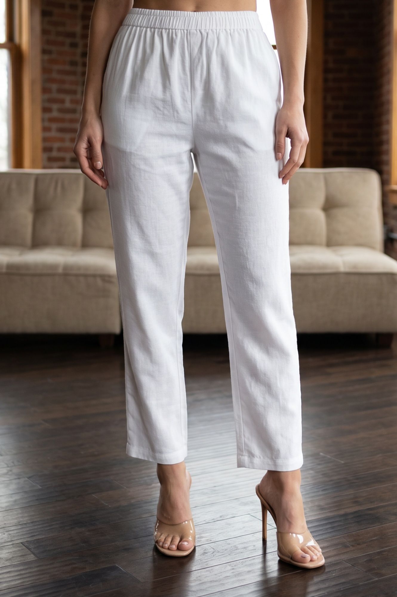 White Solid Cotton Flax Straight Fit Ankle Length Pants