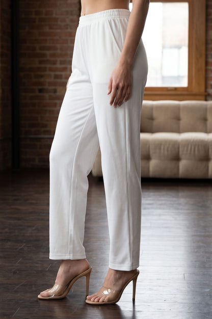 White Solid Cotton Flax Straight Fit Ankle Length Pants