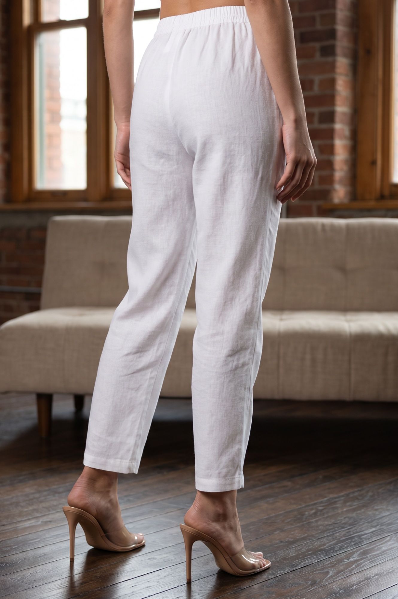White Solid Cotton Flax Straight Fit Ankle Length Pants