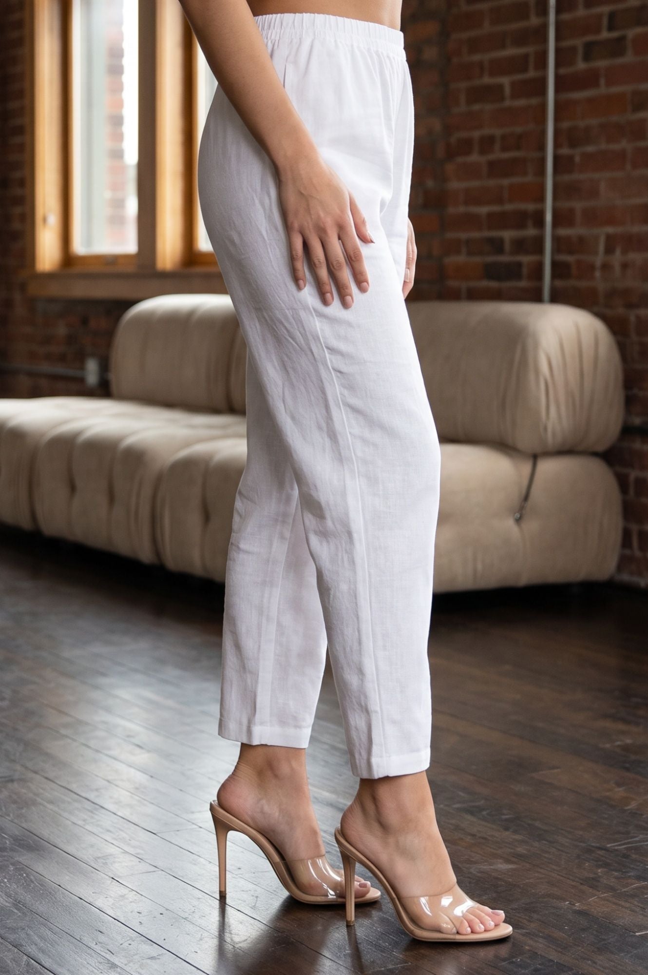White Solid Cotton Flax Straight Fit Ankle Length Pants