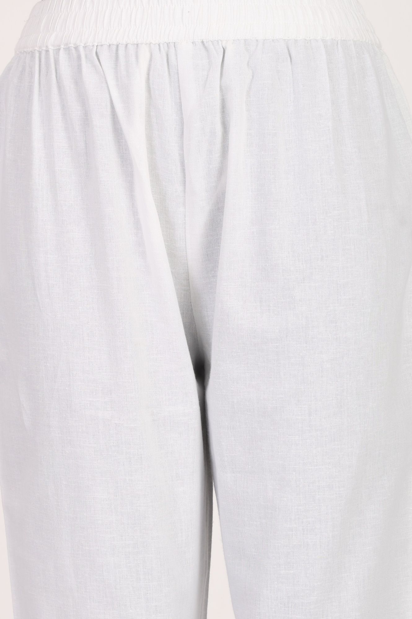 White Solid Cotton Flax Straight Fit Ankle Length Pants