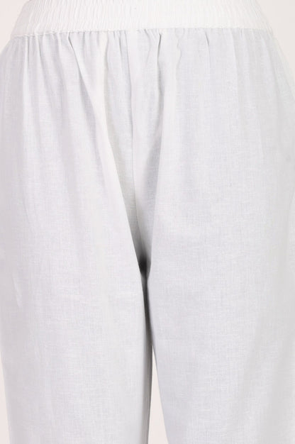 White Solid Cotton Flax Straight Fit Ankle Length Pants