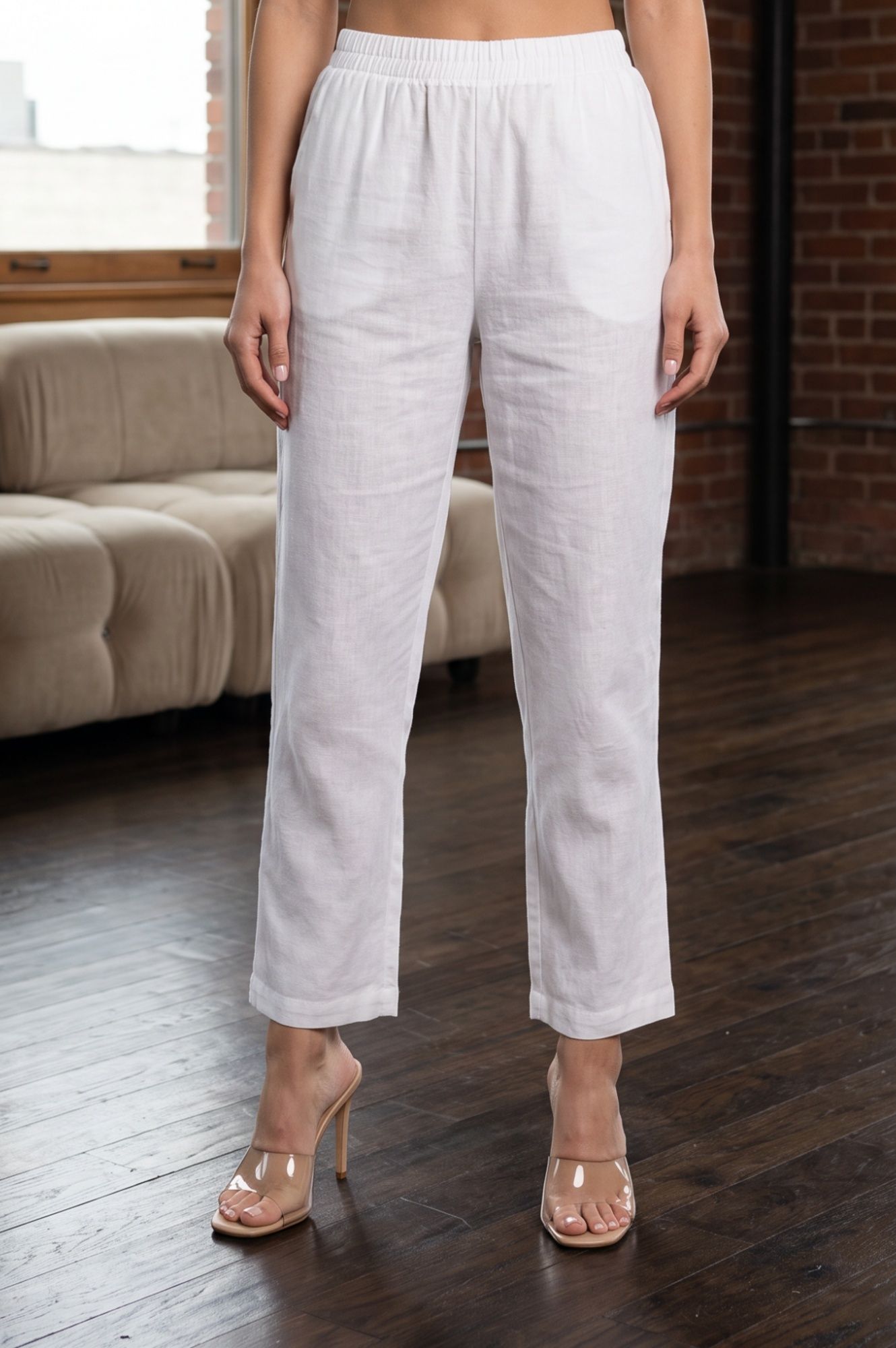 White Solid Cotton Flax Straight Fit Ankle Length Pants