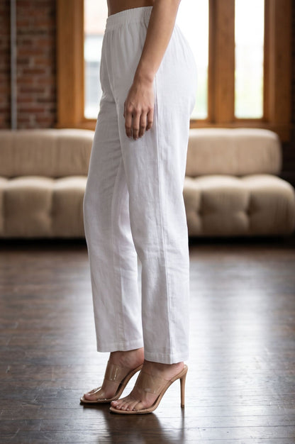White Solid Cotton Flax Straight Fit Ankle Length Pants