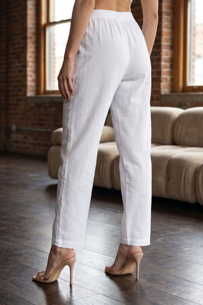 White Solid Cotton Flax Straight Fit Ankle Length Pants